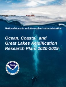 Cover of the 2020-2029 NOAA Ocean, Coastal, and Great Lakes Acidification Research Plan. The background is a research boat at the surface with a diver blowing bubbles below. Credit: NOAA