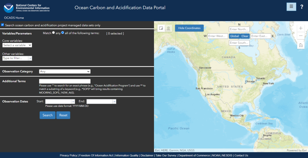 The NCEI The NOAA Ocean Carbon and Acidification Data System data portal dashboard with data selection panel on the left and map showing the location of the dataset on the right.