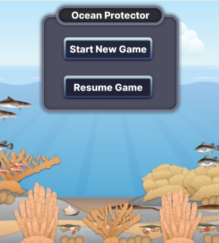 Ocean Protector is a free online game created by the University of Indiana. This is a screenshot of the game with animated ocean background and top menu to start or continue your game journey.